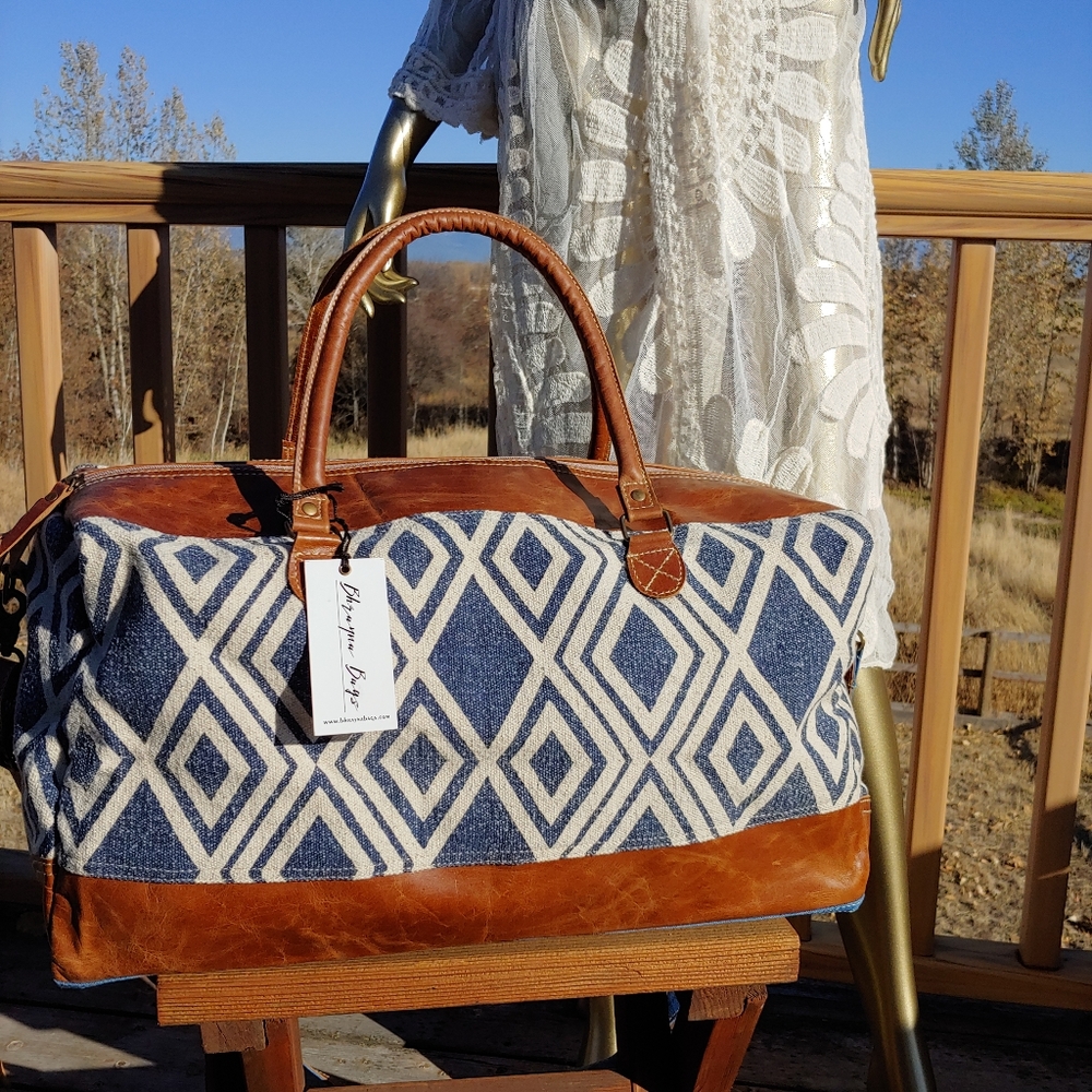 🎁🎁Canvas Diamond Leather Duffel Weekender Bag New